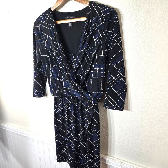 White House Black Market Career Navy Blue Geometric Knee Length Dress Size SM - Picture 4 of 10